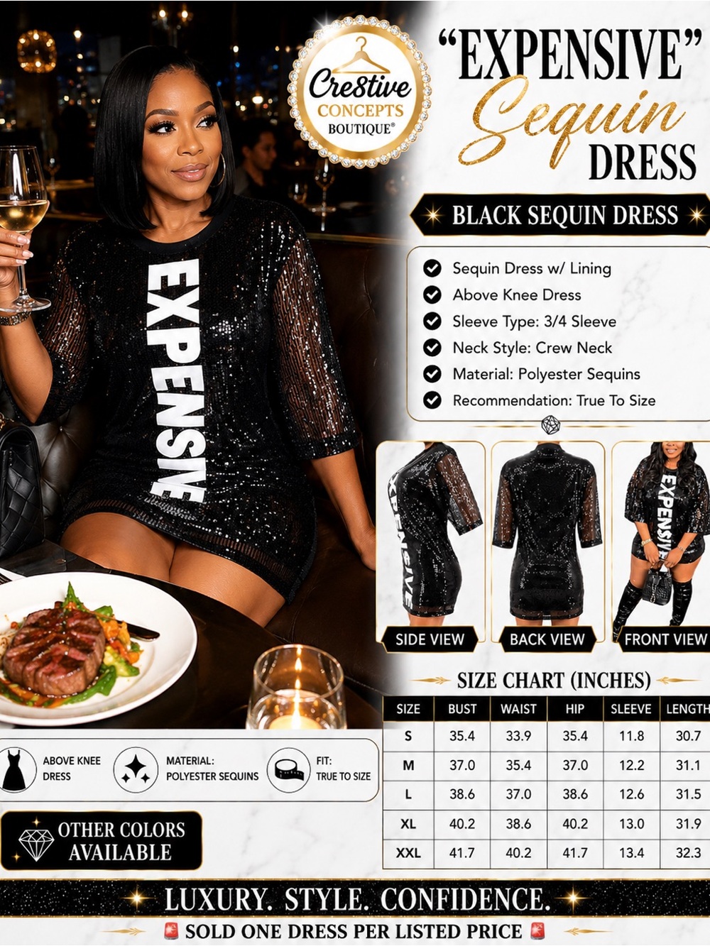 🇺🇸 “EXPENSIVE” Black Sequin Dress w/Lining